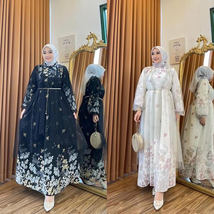 YV1189 SET 2IN1 BAHAN CERUTI+OUTER TULLE+FREE BELT / GAMIS LENGAN PANJANG