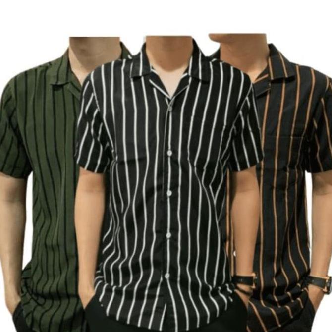 FREE ONGKIR KEMEJA GARIS-GARIS STRIP MASAKINI KEMEJA SALUR PRIA TERLARIS ORIGINAL V-NECK LENGAN PEND
