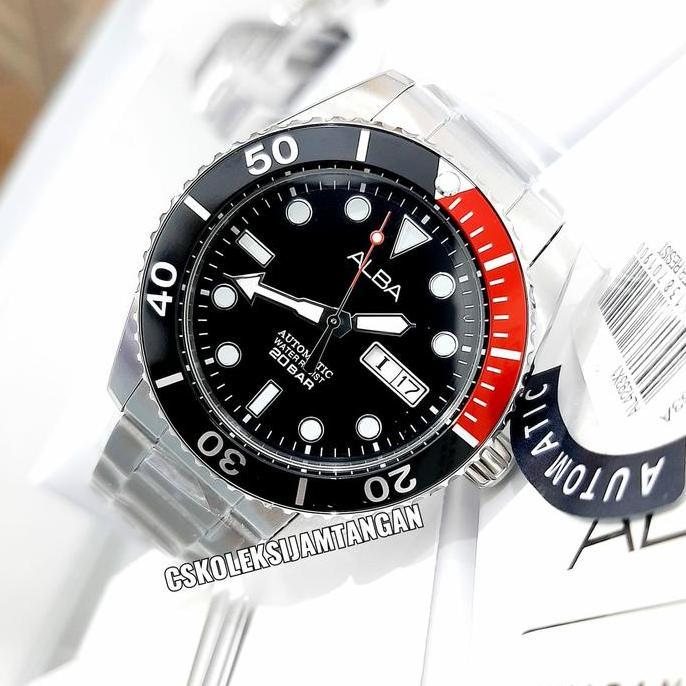 JAM TANGAN PRIA ALBA AL4293X1 AL4293 AUTOMATIC SILVER BLACK RED ORI