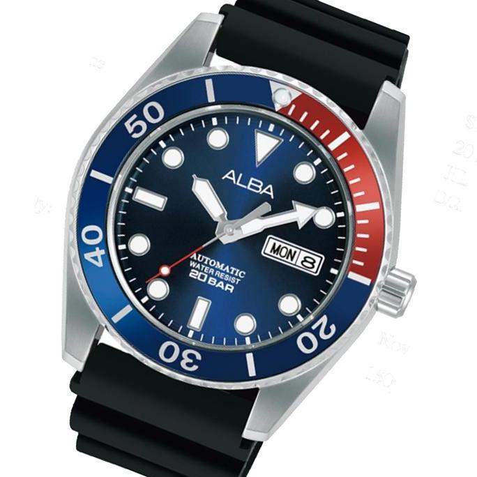 Alba Jam Tangan Pria AL4425 / AL4425X1 Automatic Blue Dial Black Rubber Strap Watch