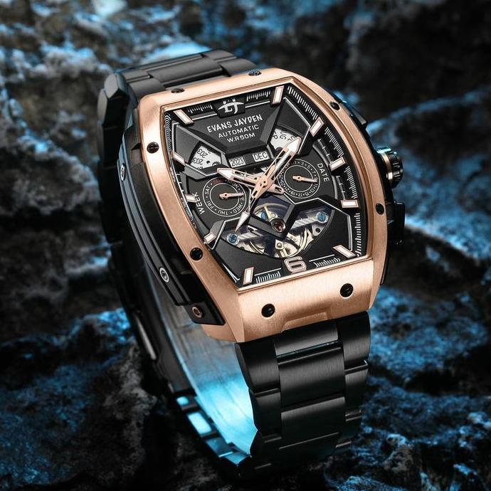 Jam Tangan Pria Evans Jayden EJ 9620 Rantai Automatic Movement Stainless Steel Kaca Sapphire Chronog