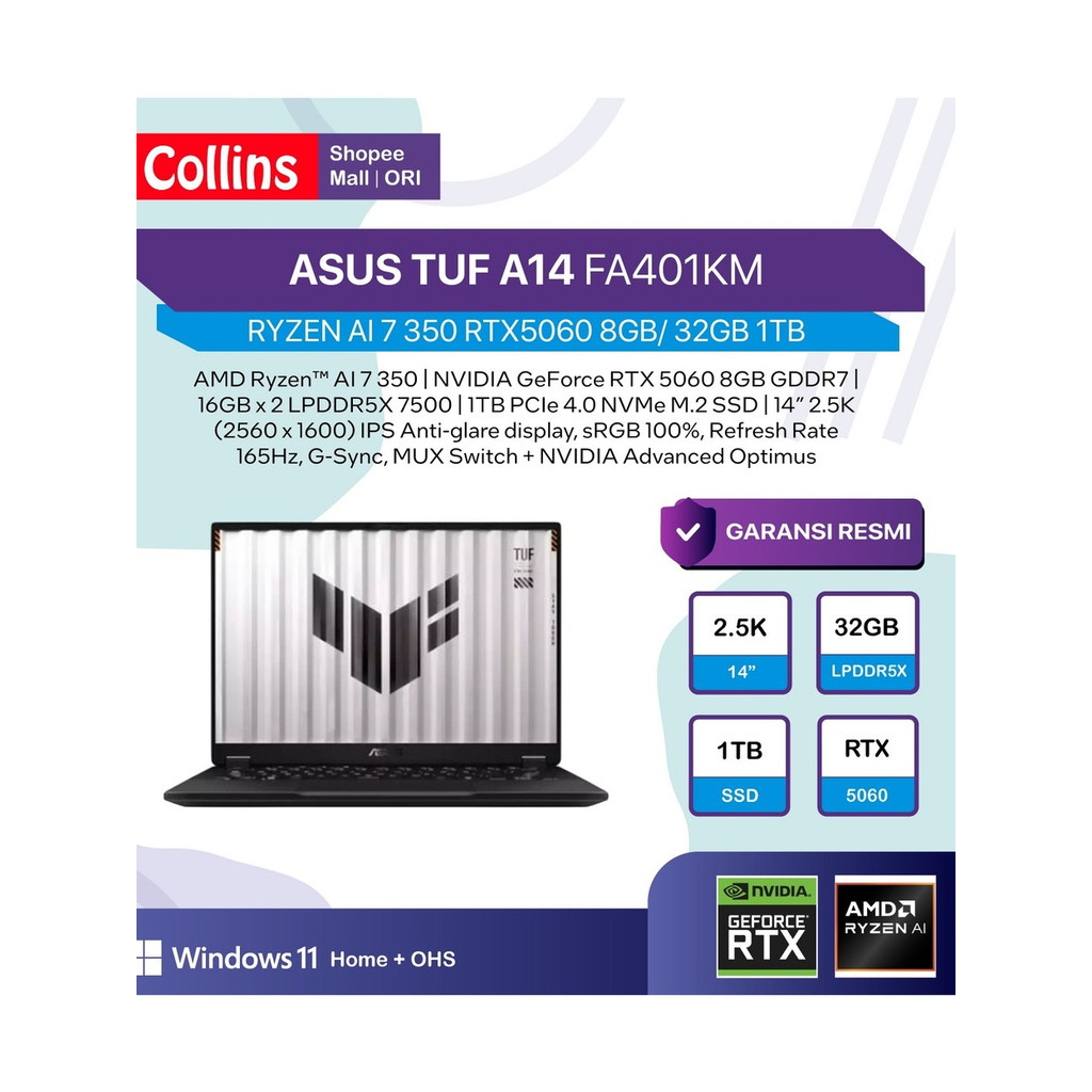 LAPTOP ASUS TUF A14 FA401KM RYZEN AI 7 350 RTX5060 8GB/ 32GB 1TB W11+OHS+M365B 14.0 WQXGA 165HZ 100S