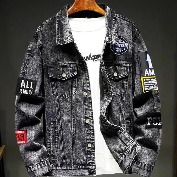 Jaket Jeans Denim Pria Hiphop Sandwosh Emblem Bordir