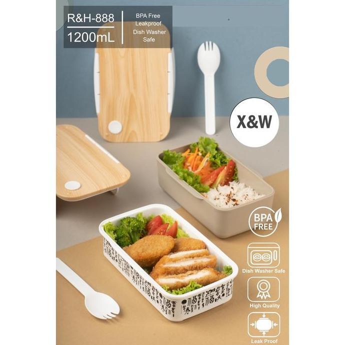 X&W Kotak Makan 2 Layer Stackable Motif Printing RH-888 Anti Tumpah 1200 ML Dengan Tutup Motif Kayu 