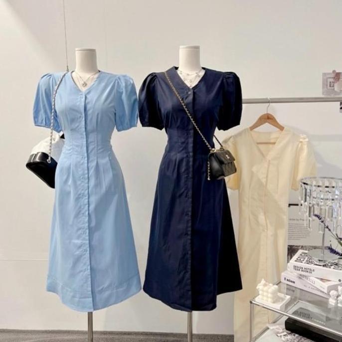 Tahan Lama  Amanda Korean Dress V-Neck // Midi Dress Korea // Dress Korset // Dress Tali // Dress Ca