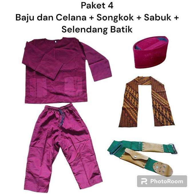 Setelan Baju Pangsi Anak Dan Dewasa Pakaian Adat Betawi Sunda Dapat Songkok Selendang Batik dan Sabu