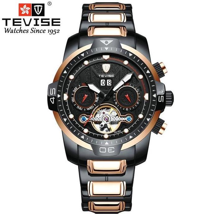 Jam Tangan Pria Eksklusif Full Automatic Tevise Chronograph Tourbillion Original Stainless Steel Tah