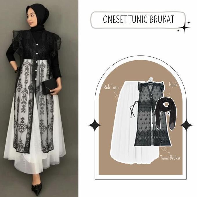 Set Outer Long Vest Tunik Brukat Sapto Kondangan 3in1 Tunic Brukat+Rok tutu+Hijab Setelan Wanita Kor