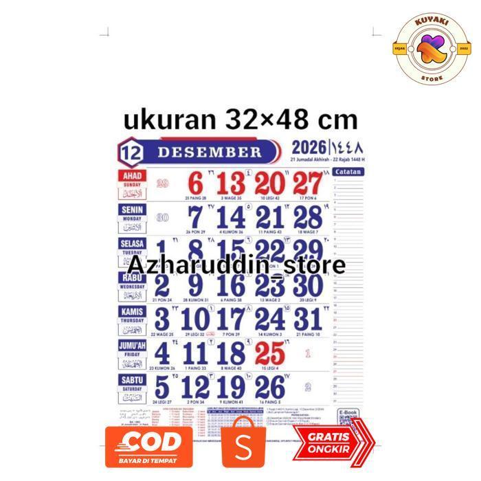 KUYAKI KALENDER DINDING 2026 ORI PERCETAKAN MENARA KUDUS 12 LEMBAR HVS ANGKA BESAR ALMANAK TAJUSH SH