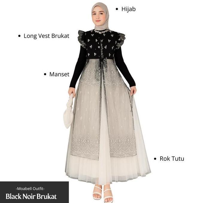 Black Noir Brukat One Set Kondangan 3in1 Setelan Wanita Kekinian Brokat Tile Long Vest Rok Tutu Puti