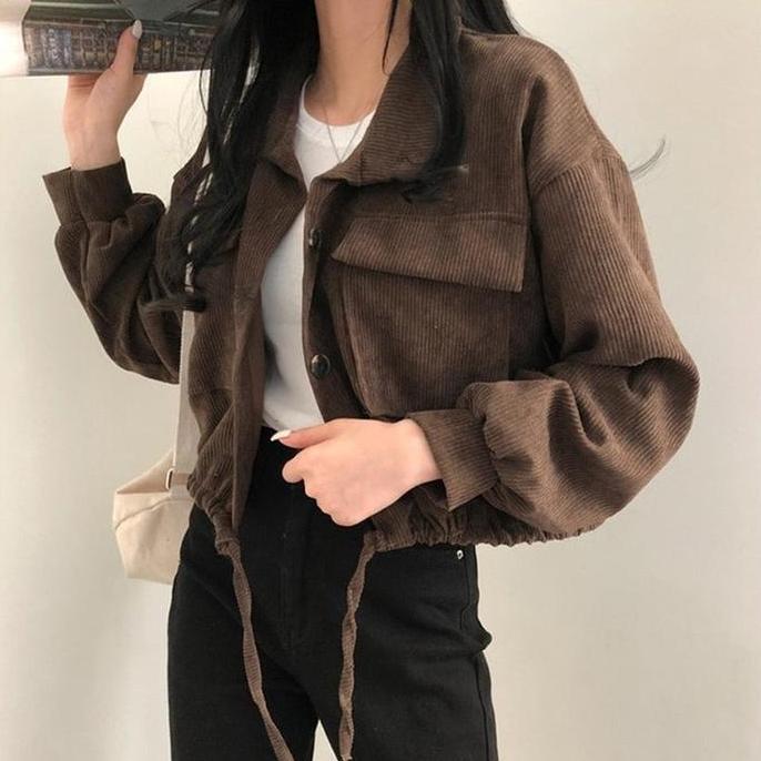 DISKON JAKET CORDUROY WANITA OUTER JACKET HITAM KOREA RETRO STYLE VINTAGE PAKAIAN WANITA BAJU BIRU T