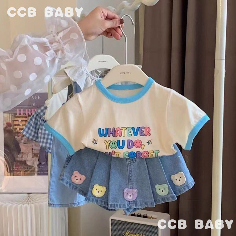 [CCB BABY]Set dua-dalam-satu: Rok lipit motif beruang lucu + Kaos anak perempuan motif huruf dan waj