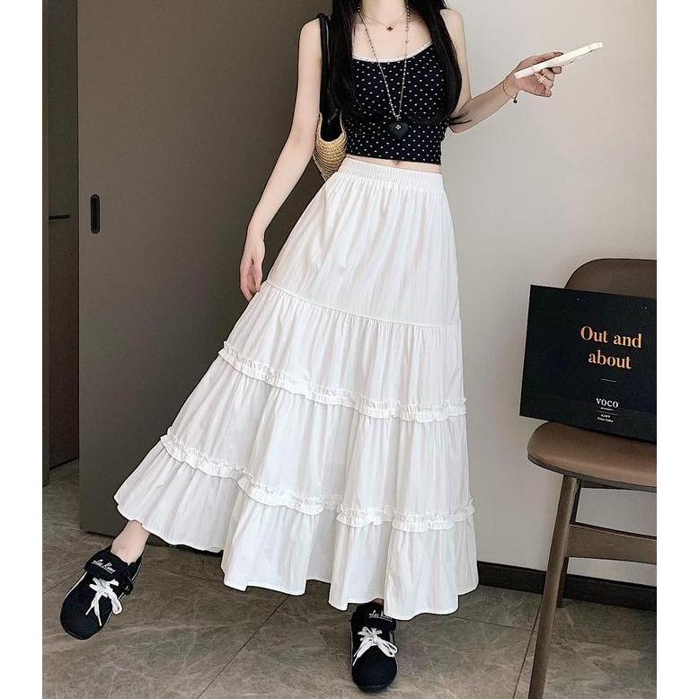 Rok Susun Tingkat 3 Wanita / Rok Panjang Warna Putih / Rok Muslimah Korean Style