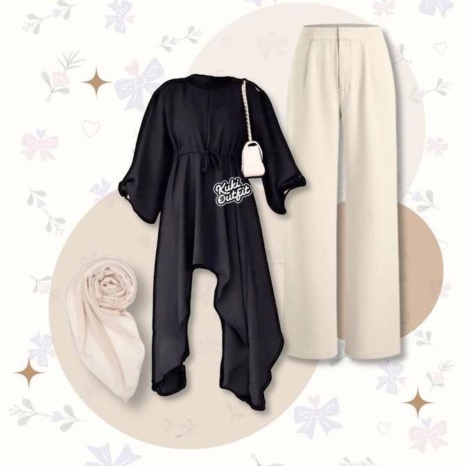 KUKI OUTFIT - Hukio Set Outfit Korean Style Hijab (Blouse Tunik, Celana, Hijab) One Set Remaja Kekin