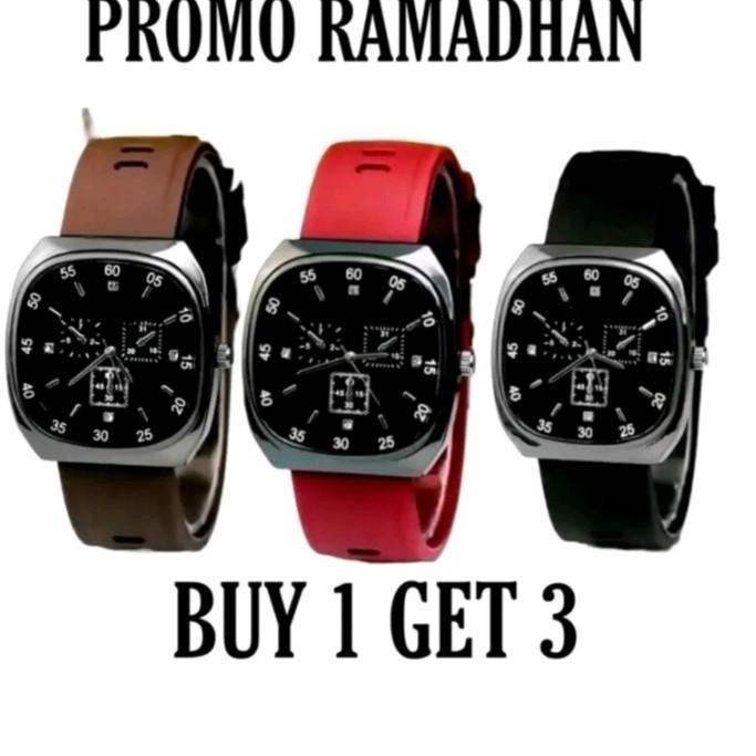 PROMO 3pcs(Hitam Coklat Merah) jam tangan wanita/pria unisex tali silikon rubber free baterai cadang