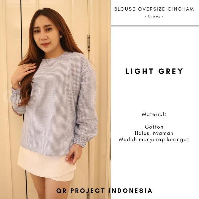 Limited Blouse Oversize Atasan Wanita Motif Gingham Kotak-Kotak Lengan Balon