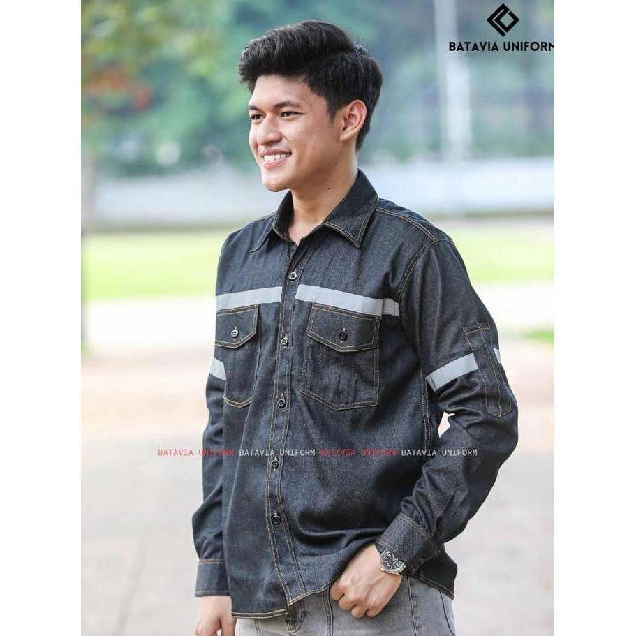 Kemeja Safety Jeans Lengan Panjang JUMBO by Batavia Uniform - Baju Kemeja Kerja Atasan Weaack Safety