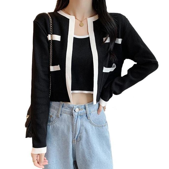 Sendtoday- Cardigan Tank Top Set 2 Pcs Knit Wanita Baju Hitam Putih Kombinasi Atasan Basic Setelan O