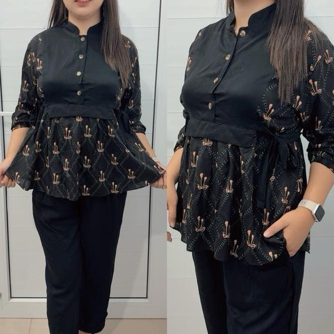Sendtoday- Cindy Set - Set Rayon Twill Bunga Kancing Ikat Samping Premiun