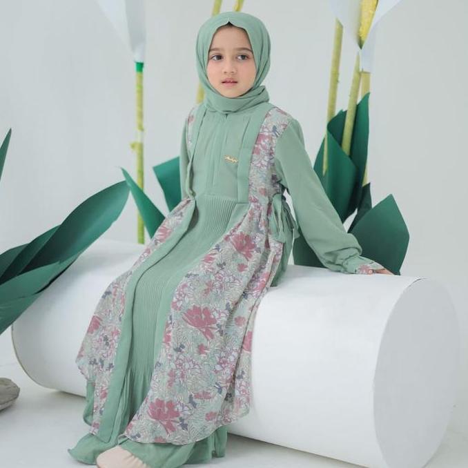 Lhira Dress Premium | Dress Muslim Anak Perempuan Kekinian Casual Ceruty Nyaman Printing Pashmina Ga