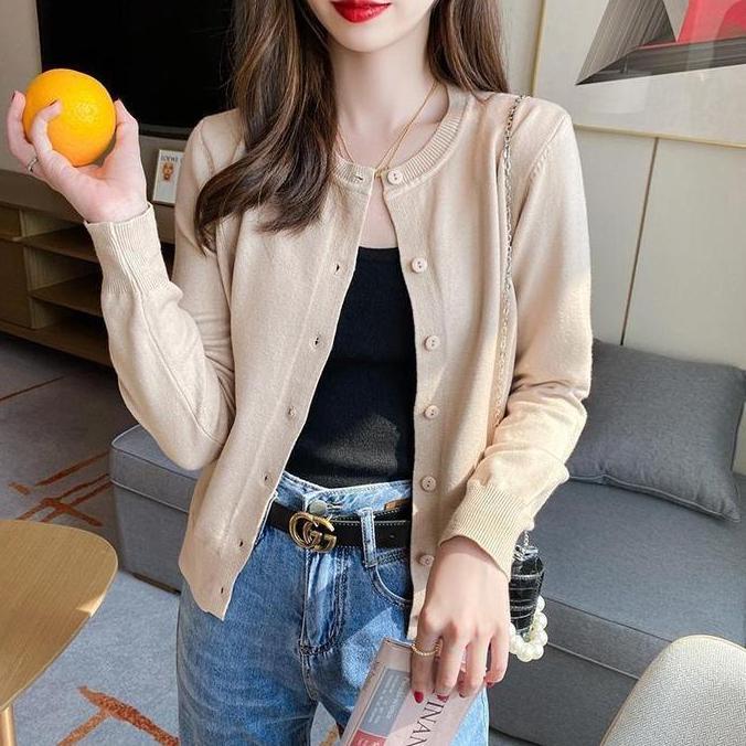 Fwbgy- Kardigan Rajutan Tipis Warna Polos Ramping Lengan Panjang Serbaguna Baru Knitwear Wanita Atas