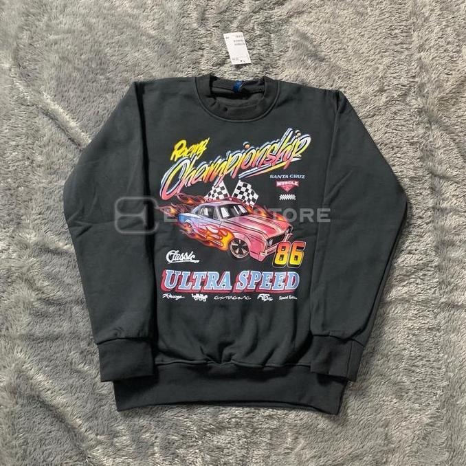 Fwbgy- Crewneck Championship Black Wash Dark Grey Sweater Oversize Washed Wanita Flecee Katun Tebal