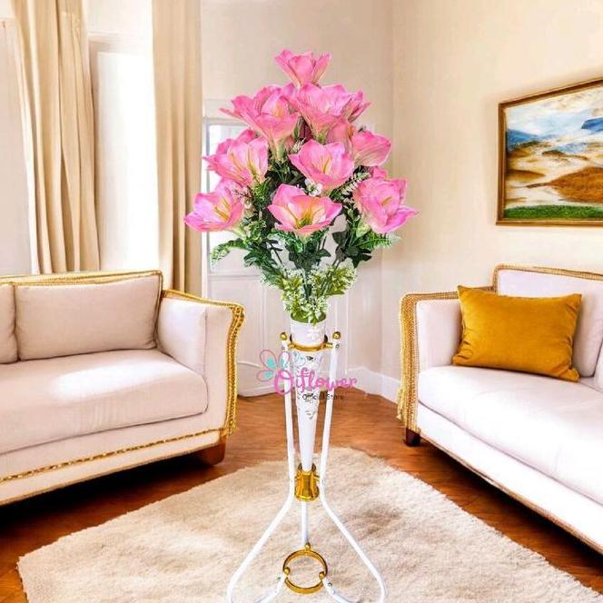 Bunga Hias Magnolia Satu Set Lengkap Dengan Potvas Standing Besi Corong Plastik Hiasan Sudut Ruangan