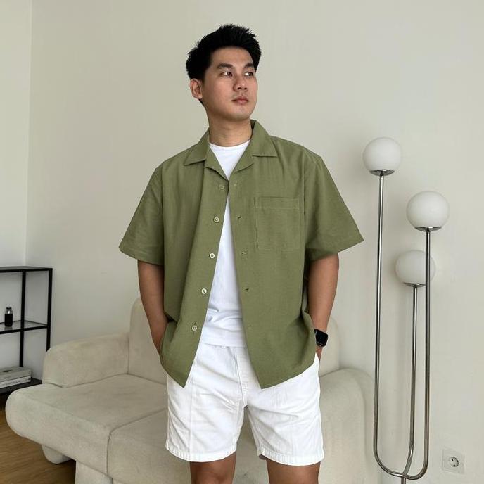 COZYCLUB CUBAN BOWLING Shirt Linen Premium | Kemeja Bowling Kerah Terbuka Lengan Pendek Baju Dark Gr