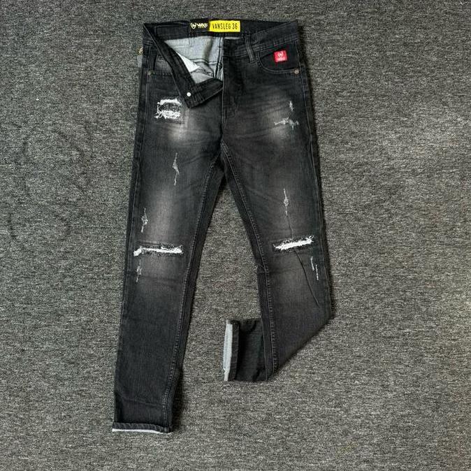 SIZE 28-33 [FLASH SALE+COD]Celana Jeans Panjang Cowok VLG36 Sobek Lutut Tidak Tembus - Hitam - Slimf