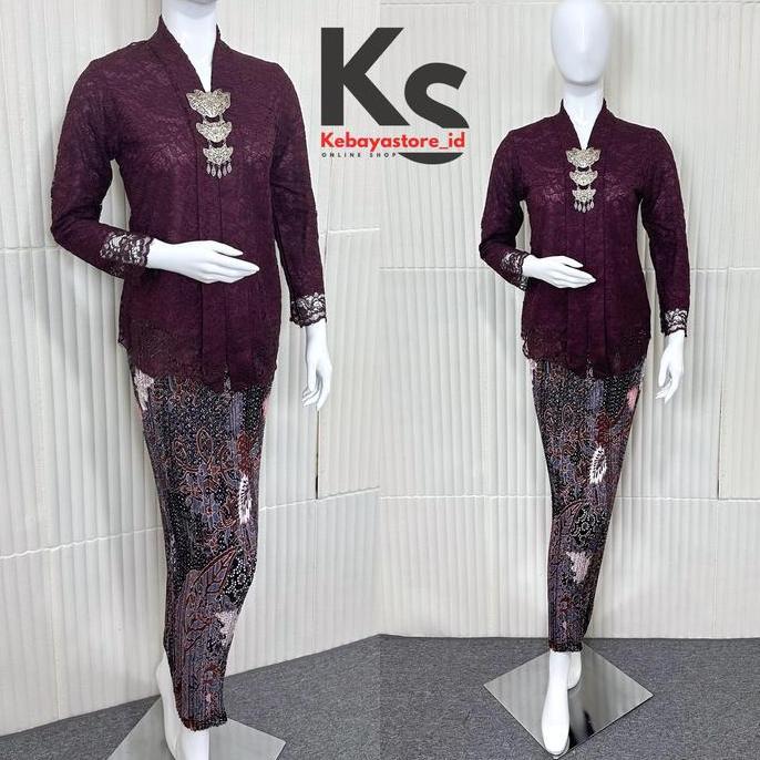 (Free Bross) Setelan kebaya brokat burgundy payet mewah - kebaya modern dan elegan 2025 - Baju dress