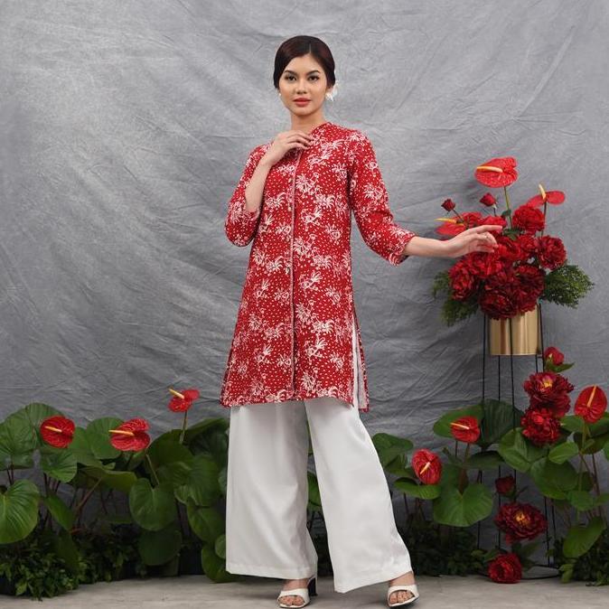 Grosir Nona Rara - Ayala Garut Merah Putih T4526, Baju Kerja Batik Blouse Wanita Moden