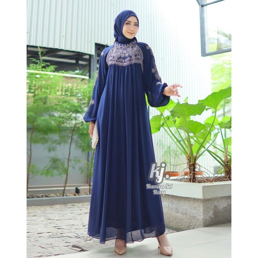Grosir Khadijah Mode - Gamis Namira Set Hijab Bordir Ceruti Babydoll Grade A Lembut Nyaman Mewah Unt