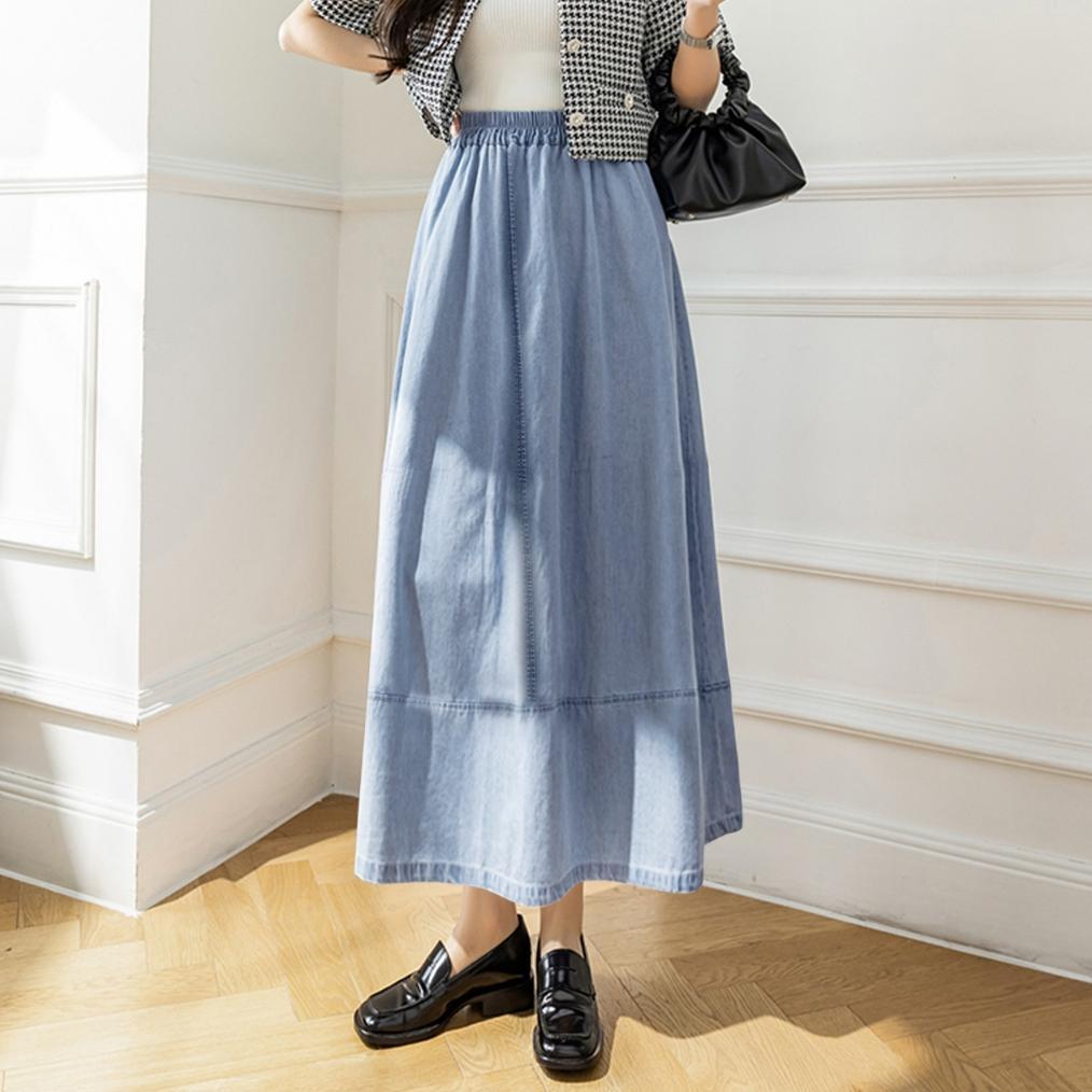 CUCI GUDANG Denim Skirt Rok Wanita Summer Retro Loose Splicing Mid-Length Elastic waist Casual Umbre