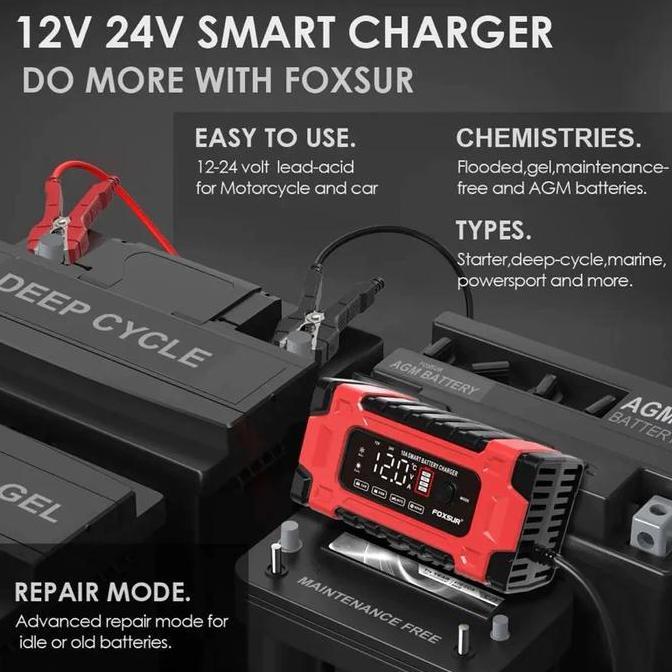 Charger Aki Accu Mobil Motor Truk FOXSUR 12V 10A - 24V 5A Smart Fast Charging Repair Mode 7 Stage Pe