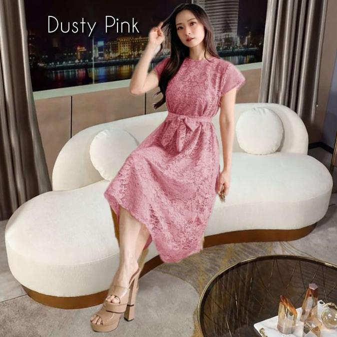 Harga Miring Baju Gaun Pesta Wanita Midi Dress Brukat Kondangan Natal Korea Hijau Sage