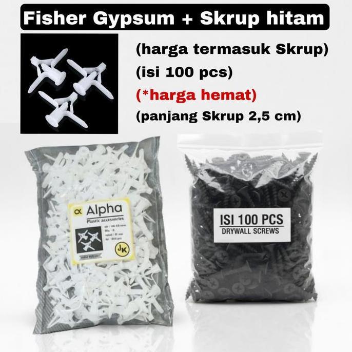 Dnabig- Fisher Gypsum + Skrup Hitam 6 X 1" (2,5 Cm) Tajam & Kuat  (Isi 100 Pcs) -Harga Per Pack