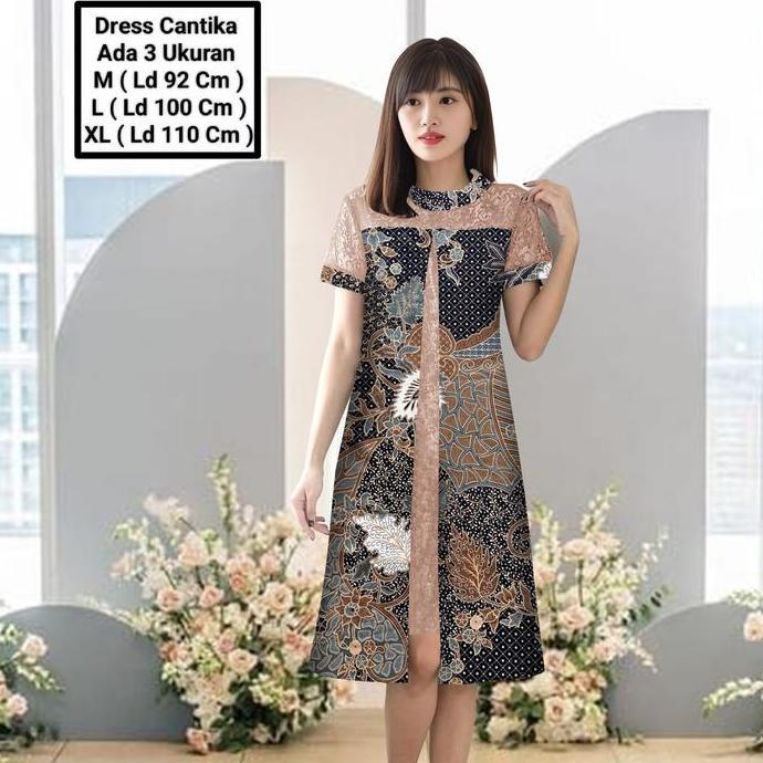 Awet Alf-Dress Cantika Girl Midi Model Terbaru Matt Batik Kombinasi Brokat Mutiara Modern Elegant Co
