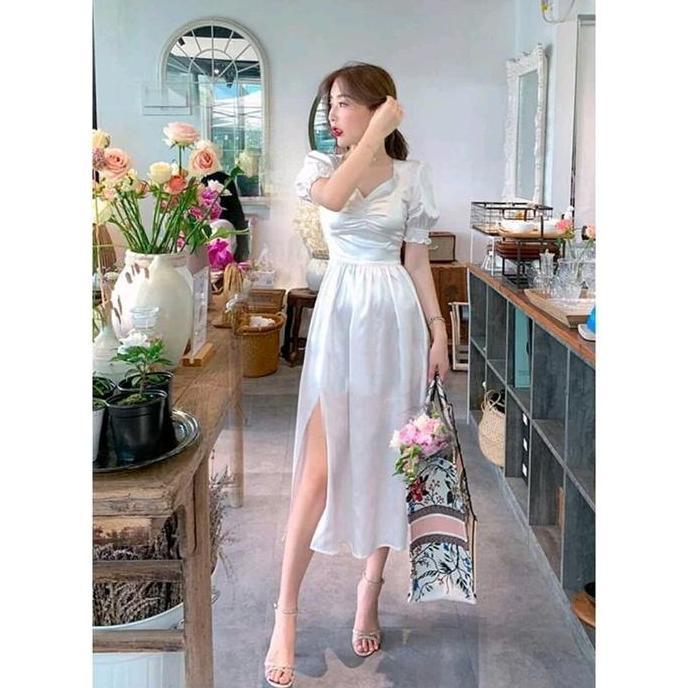 Premium Dres Aliya Dres Satin  Slik Serut Dres Korea Dres Kondangan Polos Santai V-Neck Casual Lembu