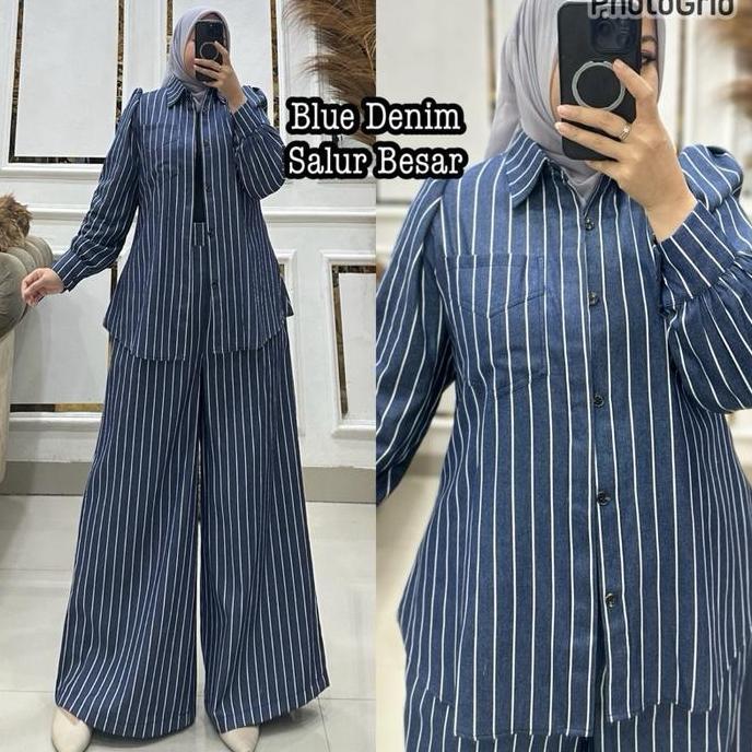 Cantek- Queenasyari - Adeline Setelan Celana Jeans Jumbo Ld 120-140 Kulot Palazzo / Rok Bahan Soft J