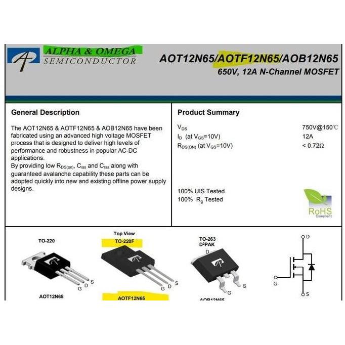 Ofwc- Aotf12N65 650V 12A N-Channel Mosfet 12N65 Tf12N65 To-220F Alpha Omega Original