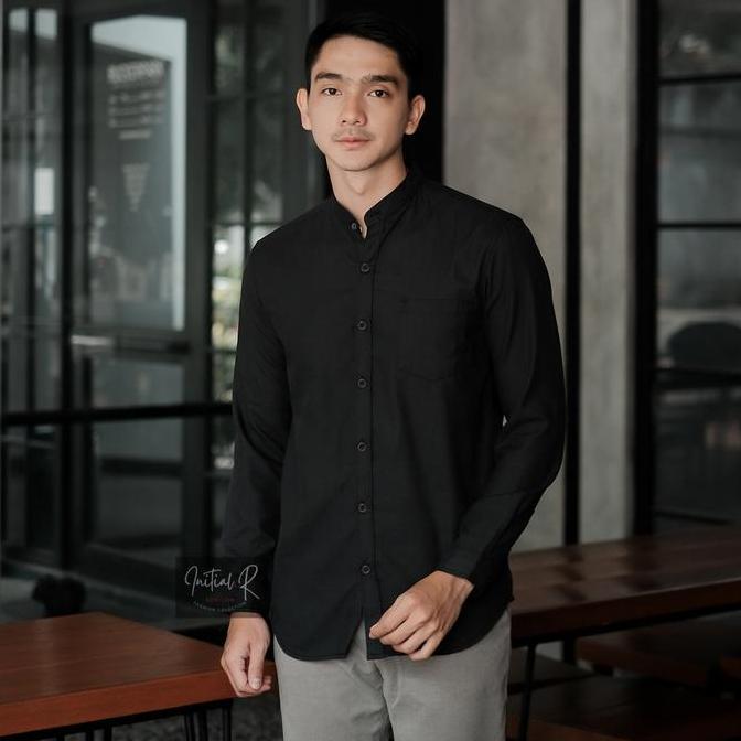 Kemeja Polos Kerah Shanghai Baju Koko Pria Busana Muslim Modern HITAM