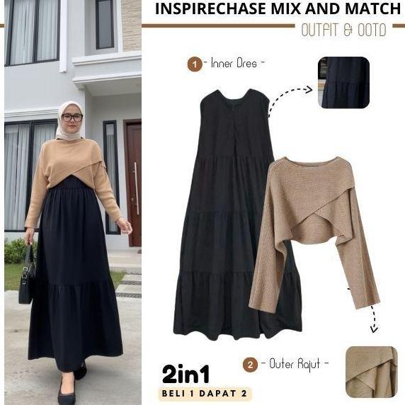 2in1 Set Sweater Rajut Silang & Inner Dress Susun Atasan Rajut Korean Cardi Wanita Shea Knit Crop Ba