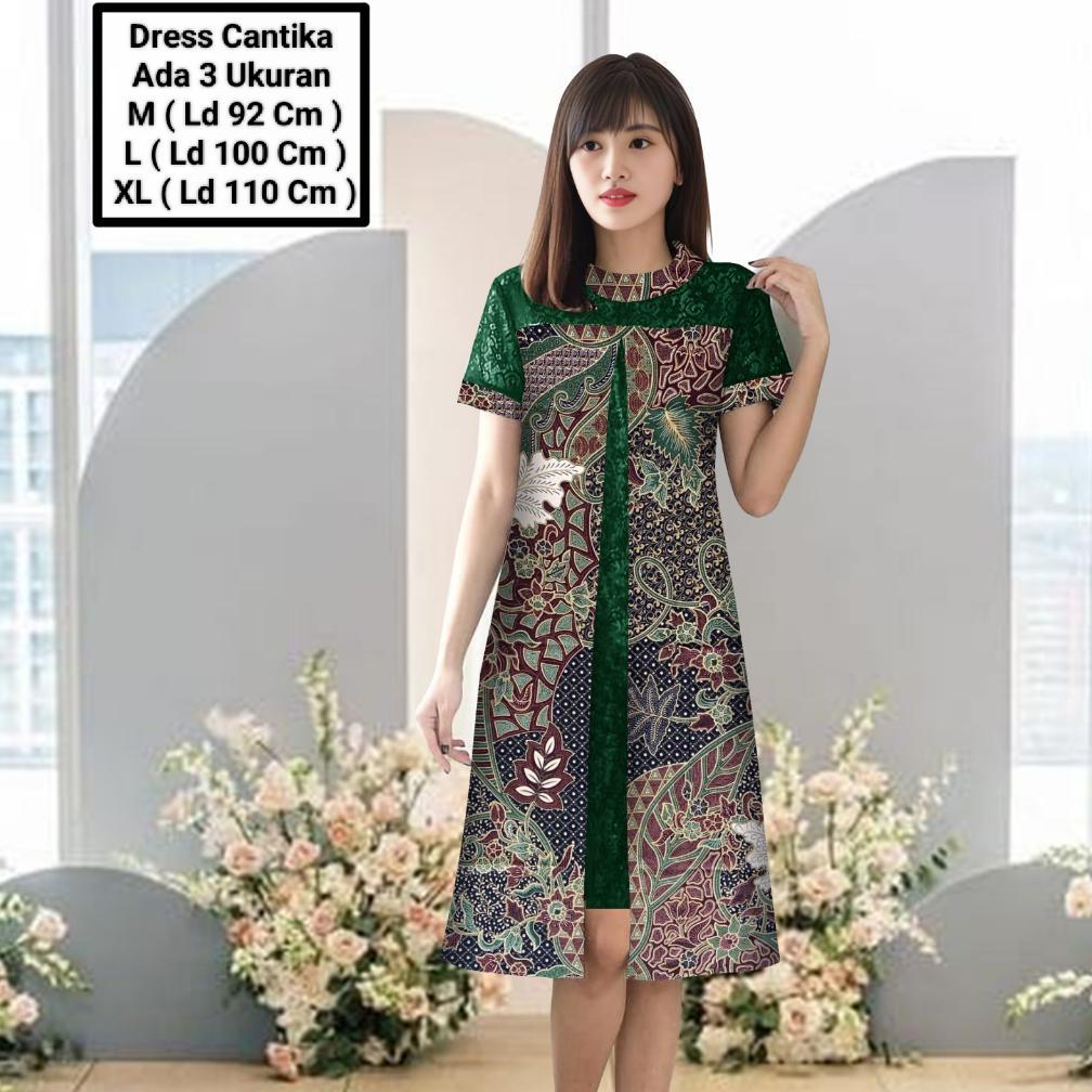 HABISIN STOK Dress Midi Model Terbaru Batik Kombinasi Brokat Mutiara Cocok Untuk Kondangan/Dress Can