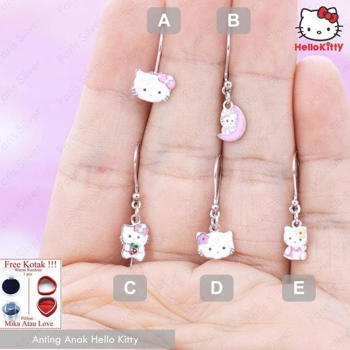 Anting Anak Hello Kitty Perak Asli Silver 925 Lapis Emas Putih Cewek Warna Bandul Kait Terlaris
