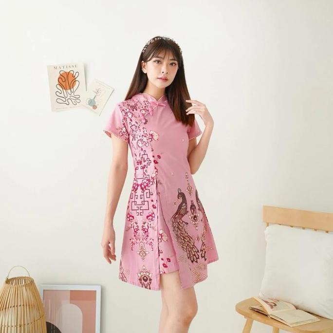 Dress Batik Cheongsam Warna Soft Pink Dres Katun Baju Wanita Natal Imlek