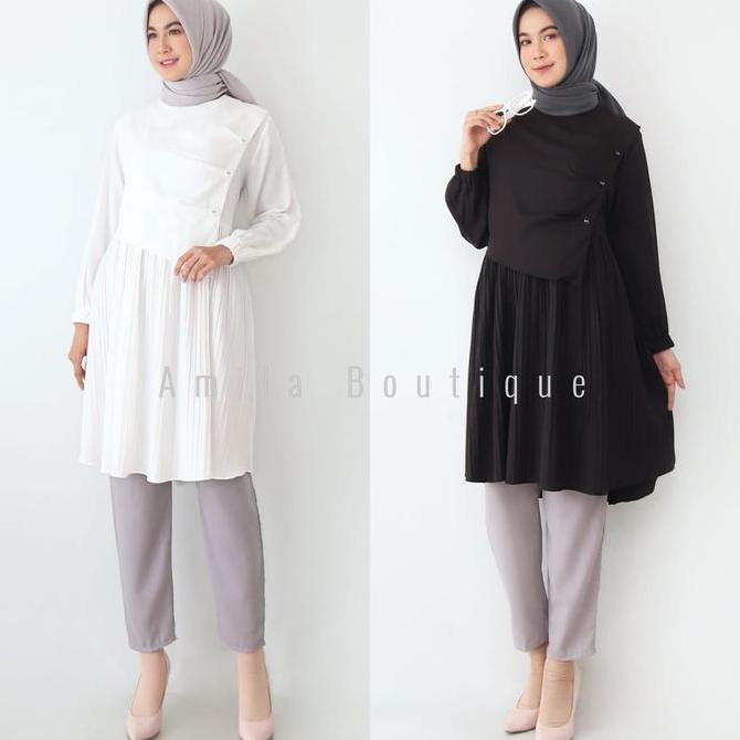 Atasan Tunik Muslim Wanita / Trish Blouse Panjang Hitam Putih Layer