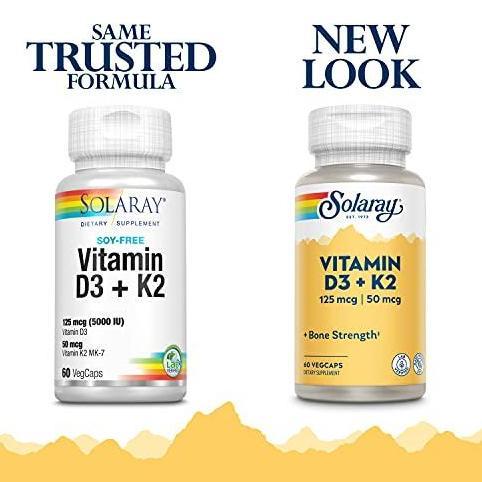 Cod,Bisa- Vit D3K2 Solaray Vit D Vitamin D3 + K2, 125 Mcg (5000 Iu) Vegetarian Caps
