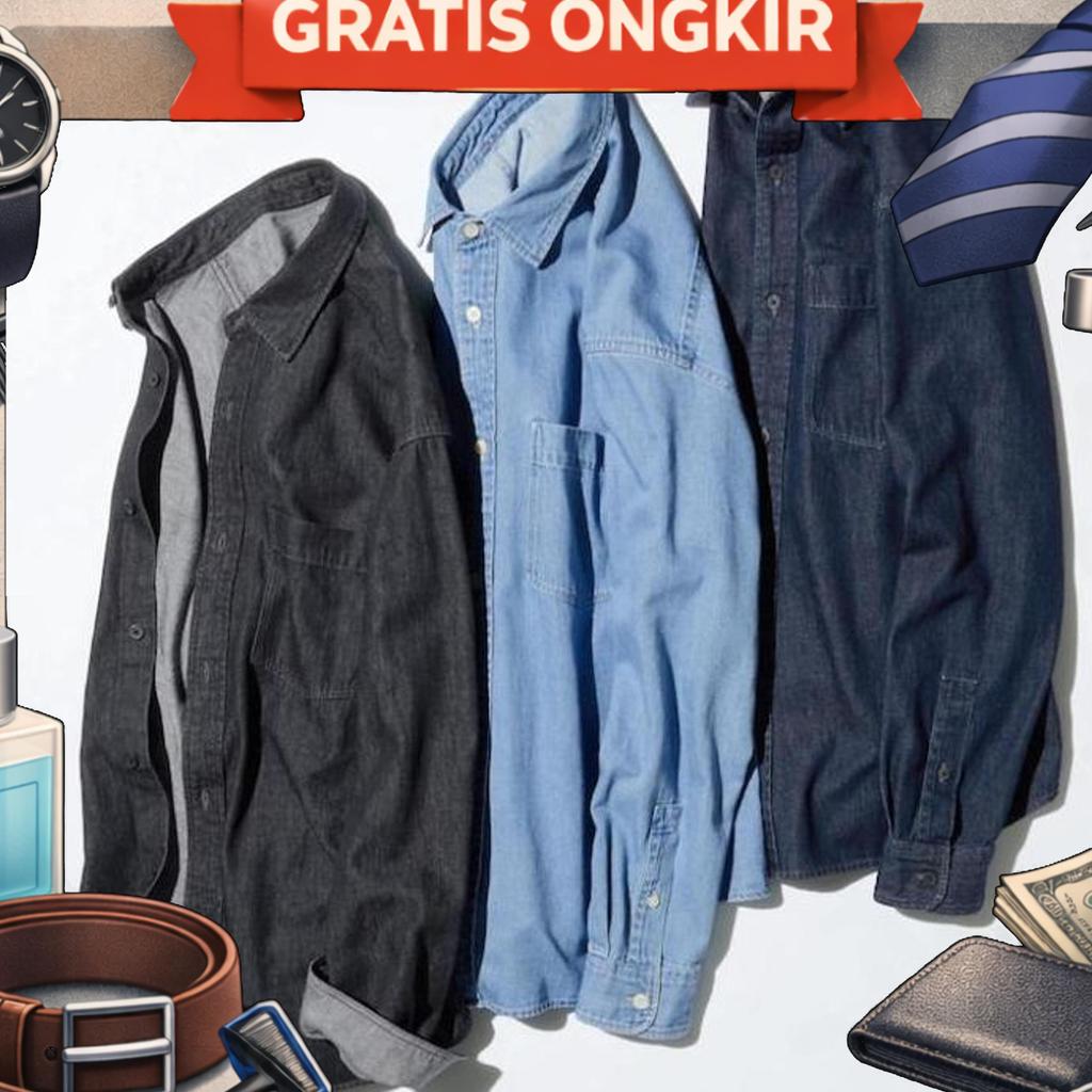 Kemeja Denim Pria Lengan Panjang Polos Uniqlo Original Asli