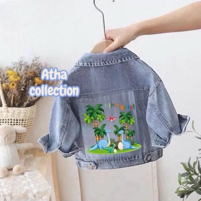 Lansungkirim- Faris Collection Jaket Jeans Anak Karakter Dino Usia 1-12 Tahun Snow Black & Snow Blue