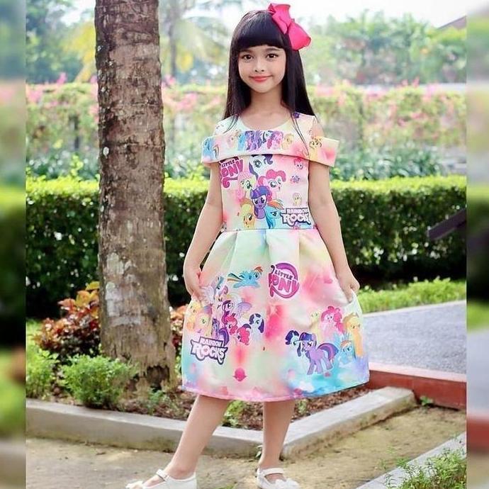 Promo Dress satin bridal / dress sabrina motif LITTLE PONI / bts bt21 baju pesta anak termurah kids 